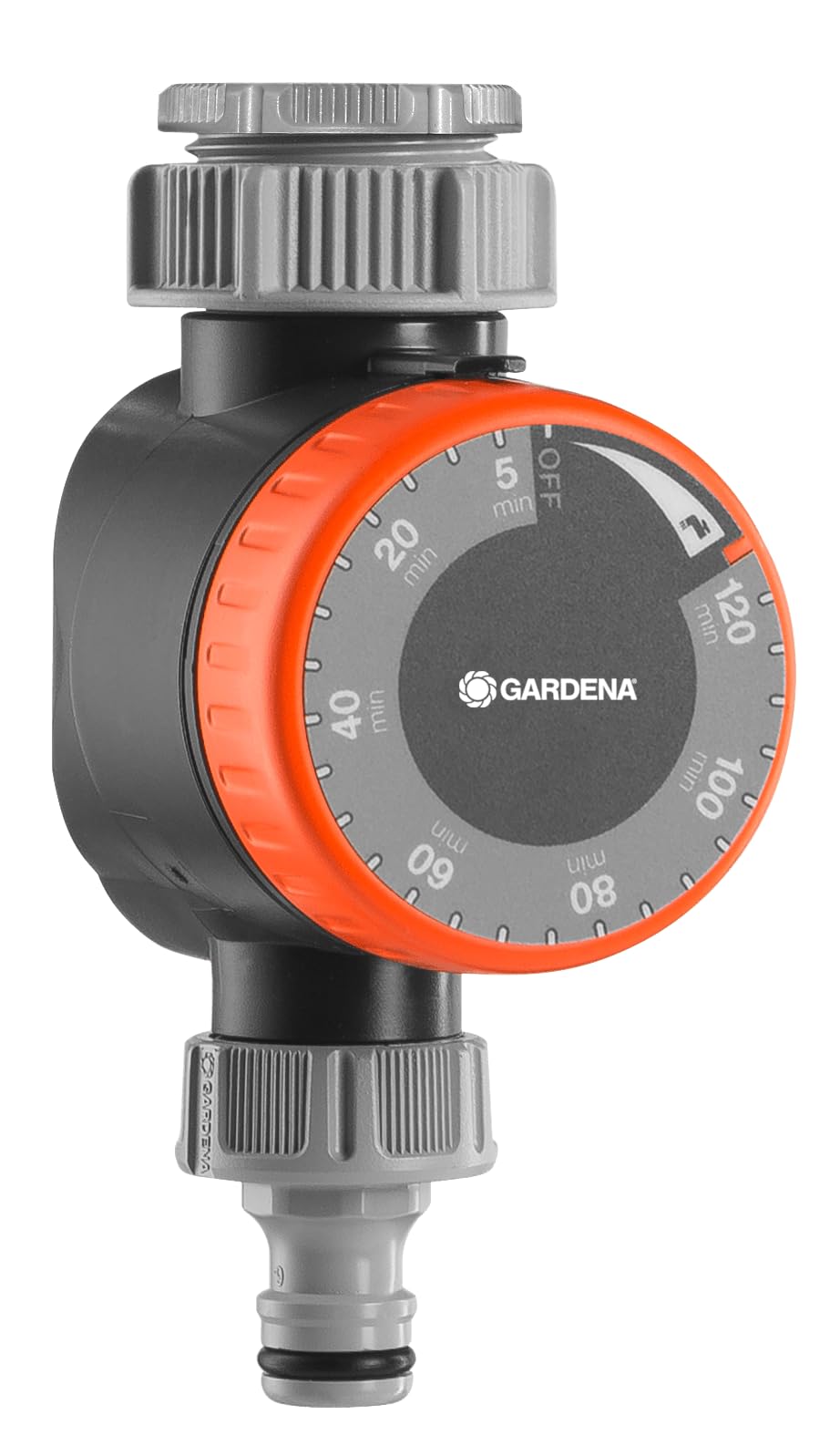 Gardena water timer front view showing dial and tap connection for easy watering
