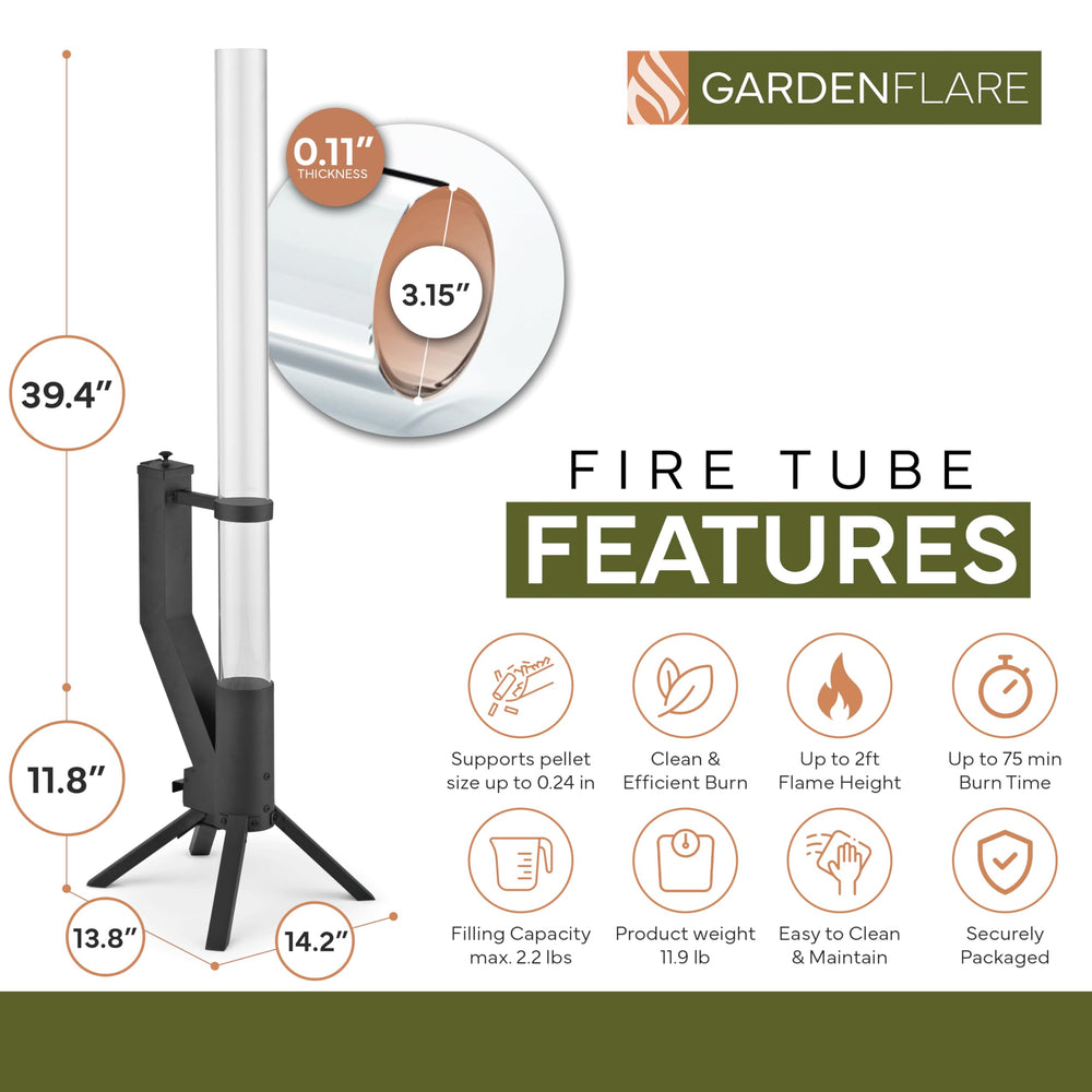 GARDENFLARE pellet heater in use on a patio at dusk, creates cozy atmosphere for gatherings