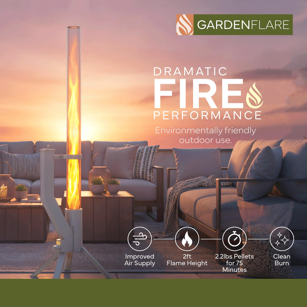 GARDENFLARE open pellet hopper showing easy refill and clean-burning convenience