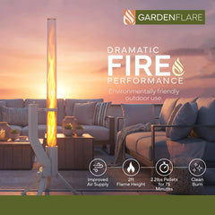 GARDENFLARE open pellet hopper showing easy refill and clean-burning convenience