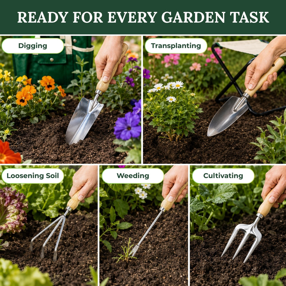 GardenHOME folding stool open on soil providing comfortable low-seat support