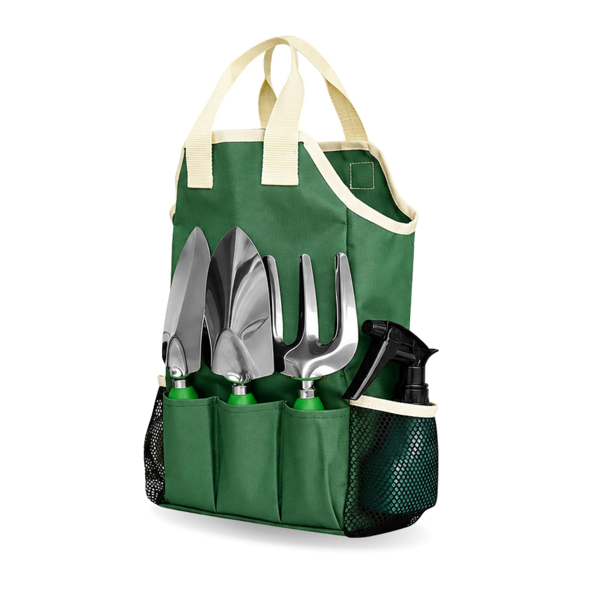 GardenHOME front view of full 11-piece tool set showing organized layout and tote