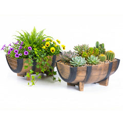 Gardenised front view of both half-barrel planters showing rustic charm and display-ready appeal