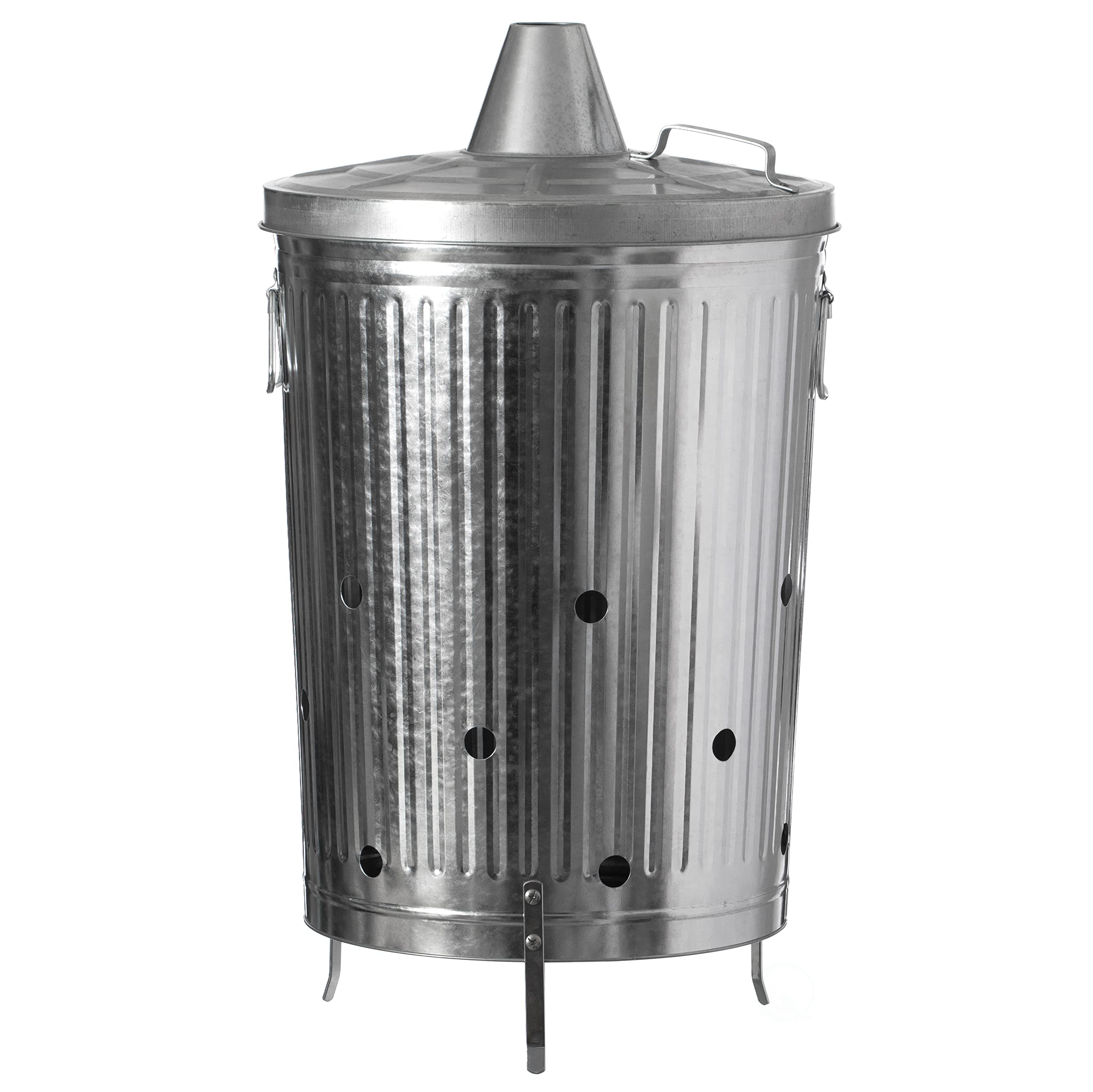 Gardenised front view of incinerator can showing sturdy build and lid for safer burning
