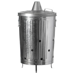 Gardenised front view of incinerator can showing sturdy build and lid for safer burning