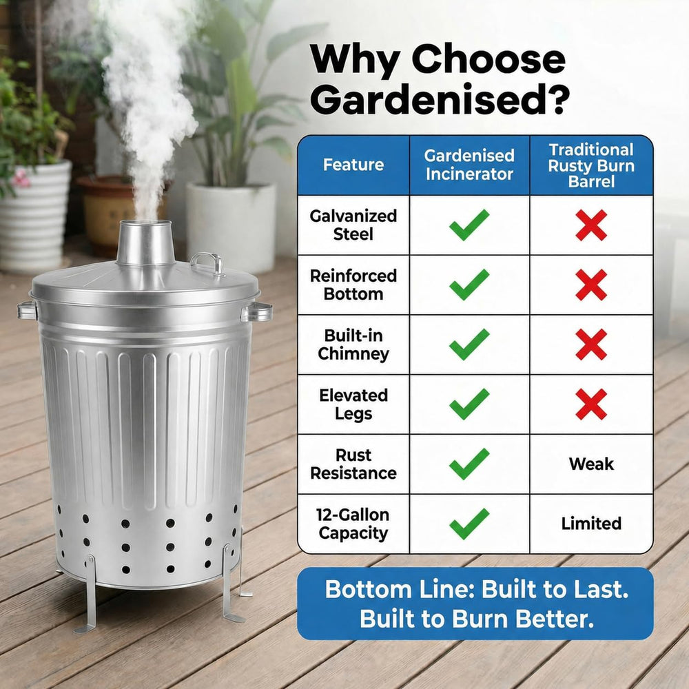 Gardenised incinerator in use burning leaves to reduce garden debris quickly