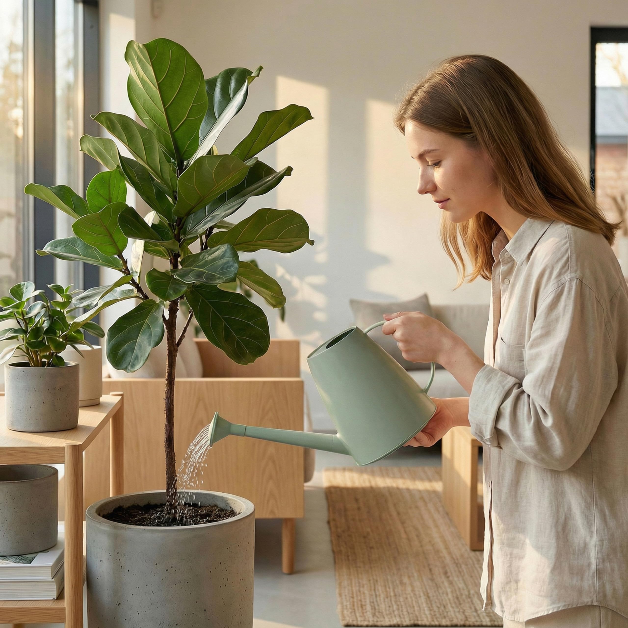 Gardenised watering can in use directing water precisely to a potted plant base