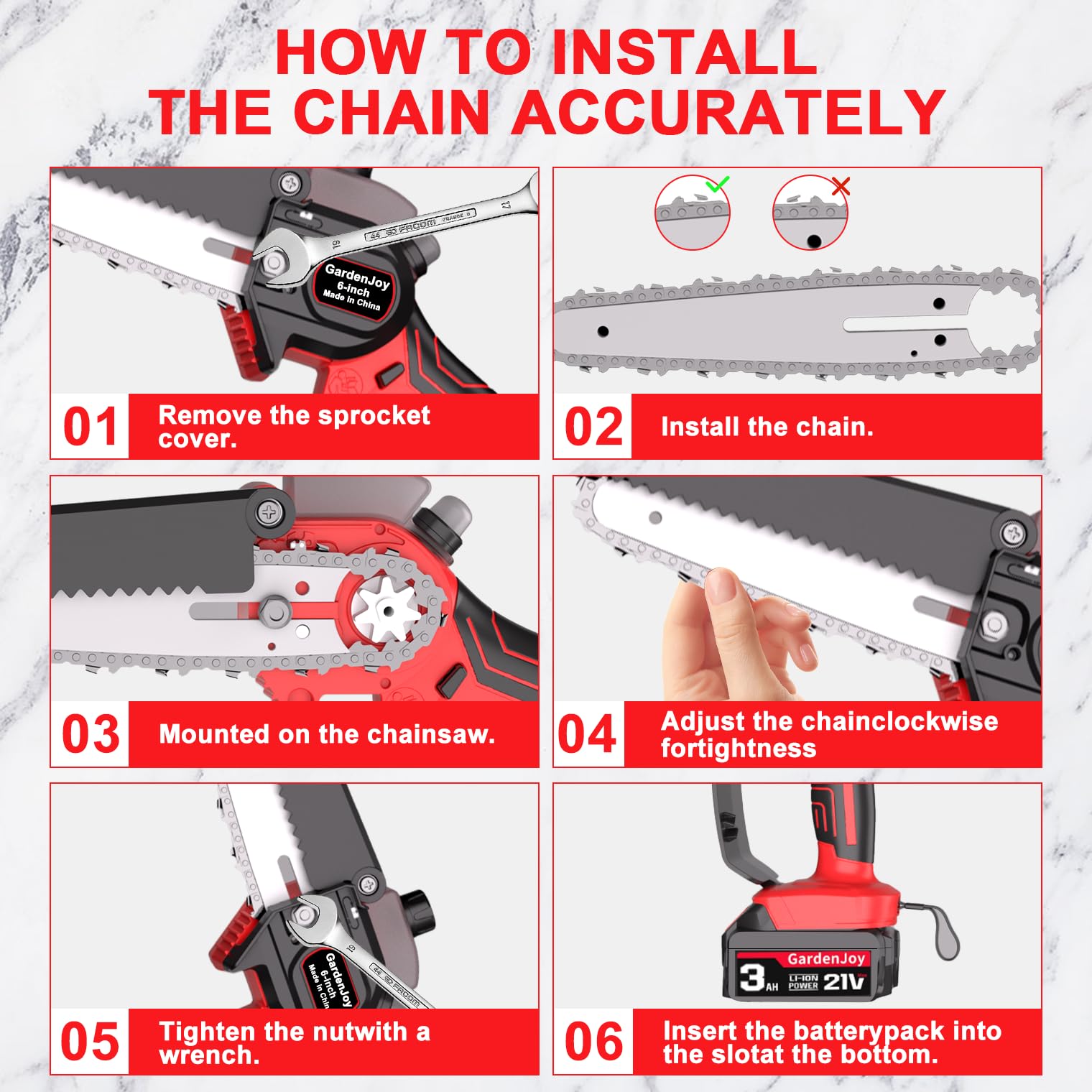 GardenJoy lubrication port detail showing automatic oiling for longer chain life