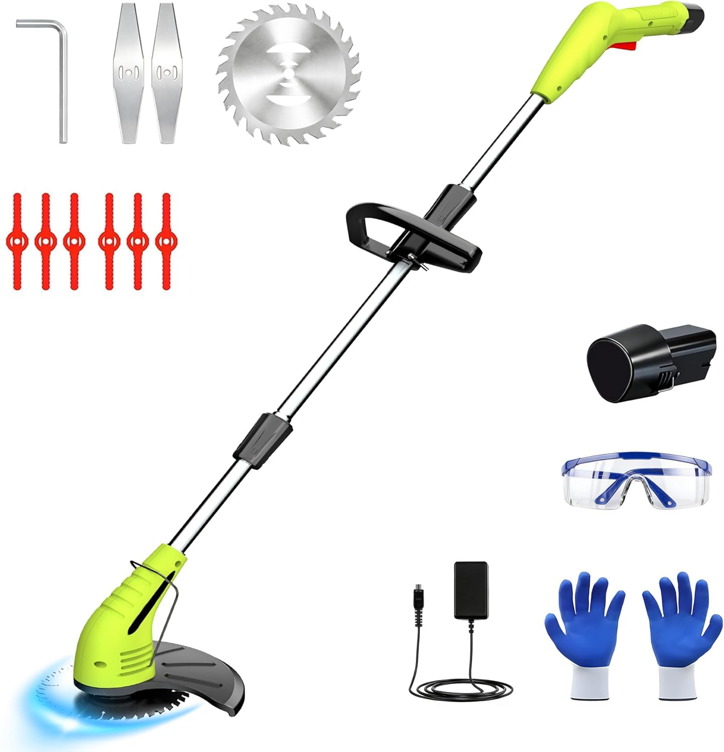 GardenJoy front view showing trimmer and included blades for versatile cutting