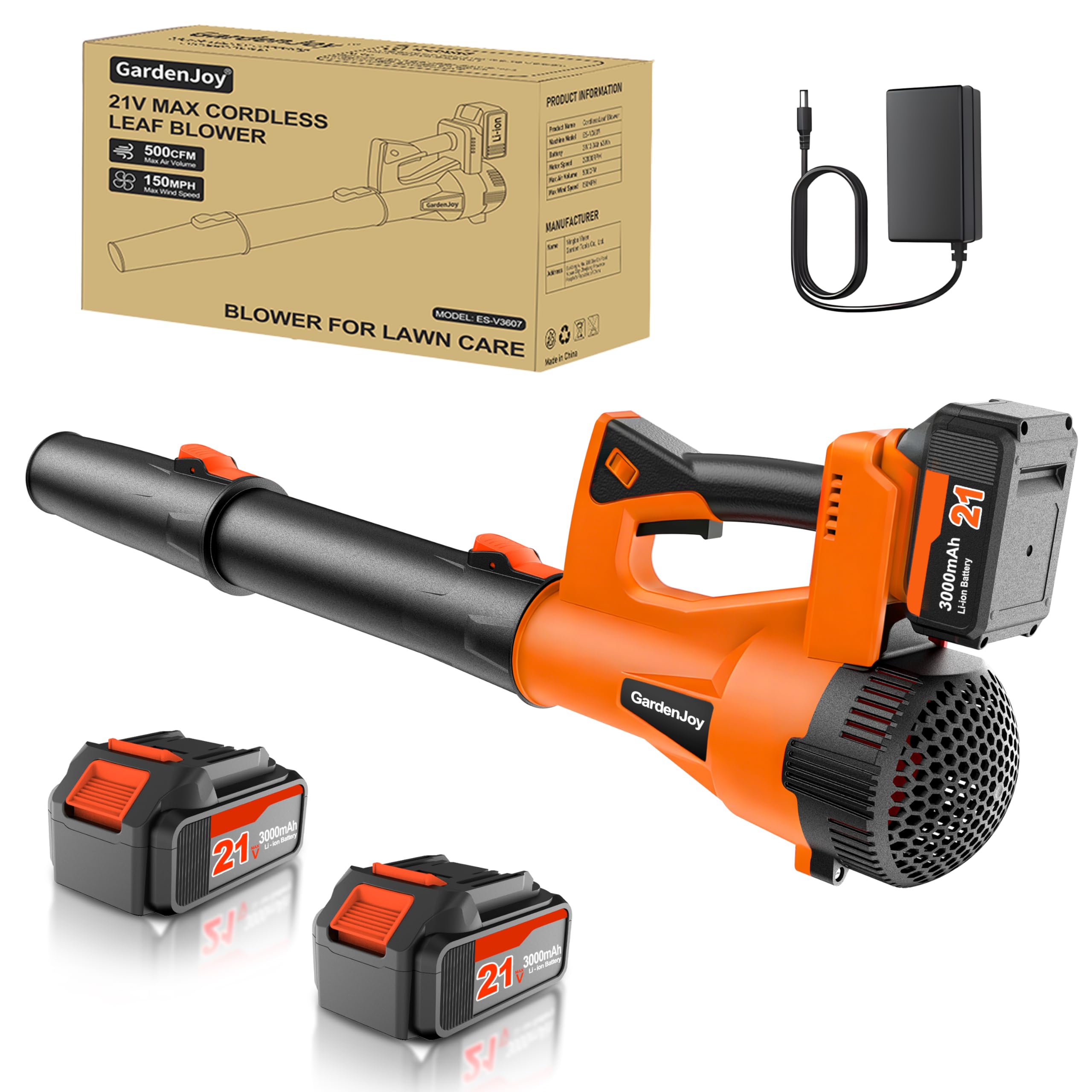 GardenJoy front view of cordless leaf blower showing orange housing and nozzle, easy handling
