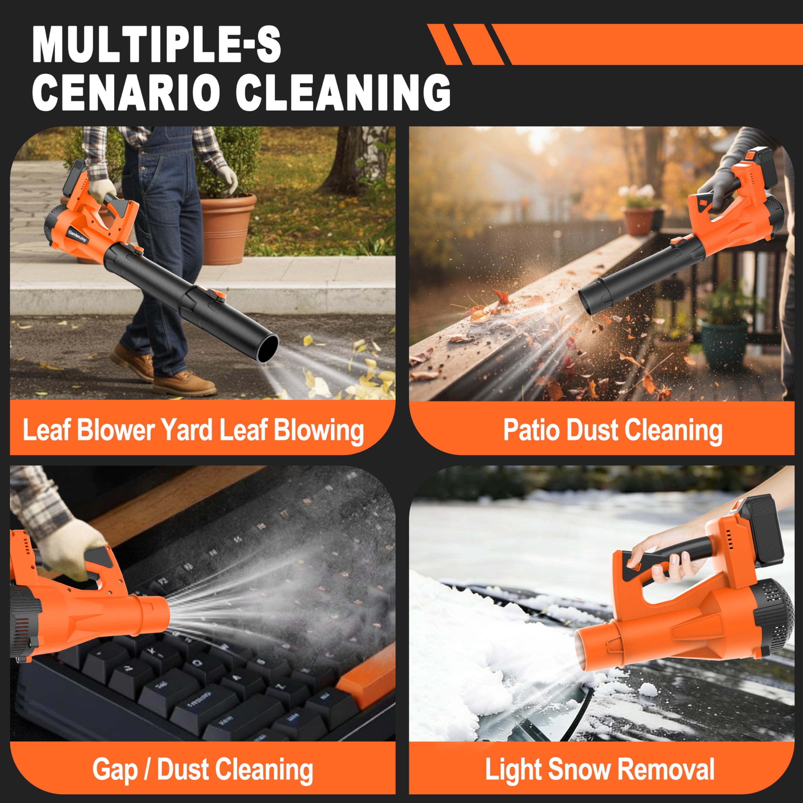 GardenJoy blower in use clearing yard leaves, fast cleanup and efficient power