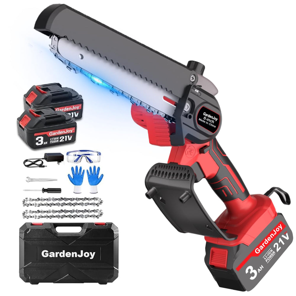 GardenJoy mini chainsaw front view showing compact body and handle benefit portability
