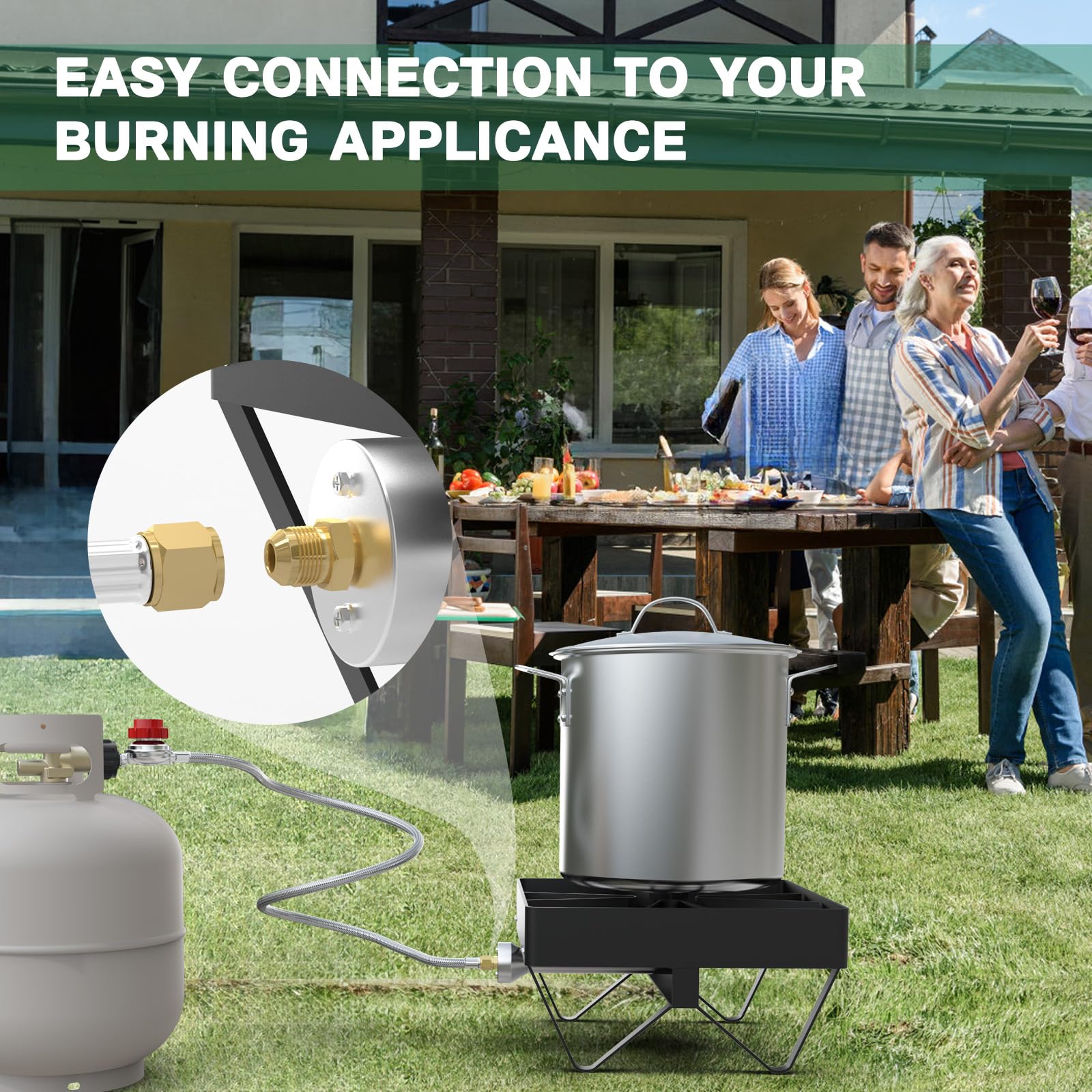 GardenNow hose connected to outdoor burner in use providing controlled heat