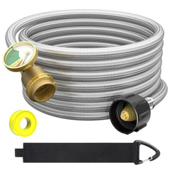 GardenNow front view of 12ft braided propane hose showing connectors, durable and safe