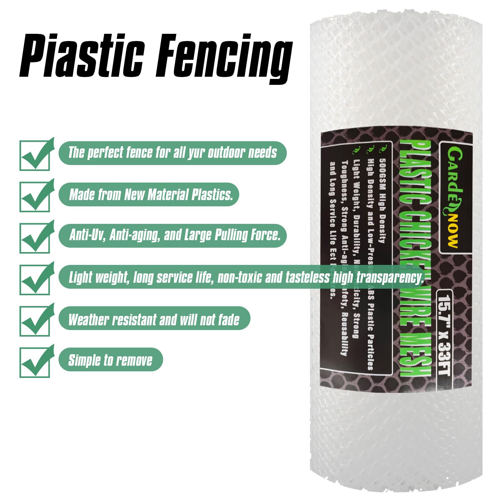 GardenNow mesh beside measuring tape showing 15.7in x 33ft scale benefit