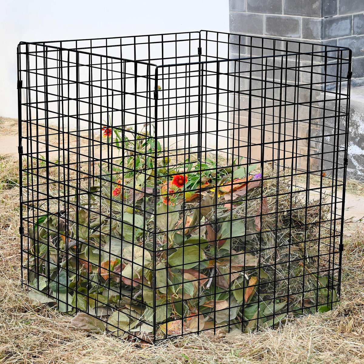 Gardenova front view of square mesh compost bin shows durable frame and neat containment