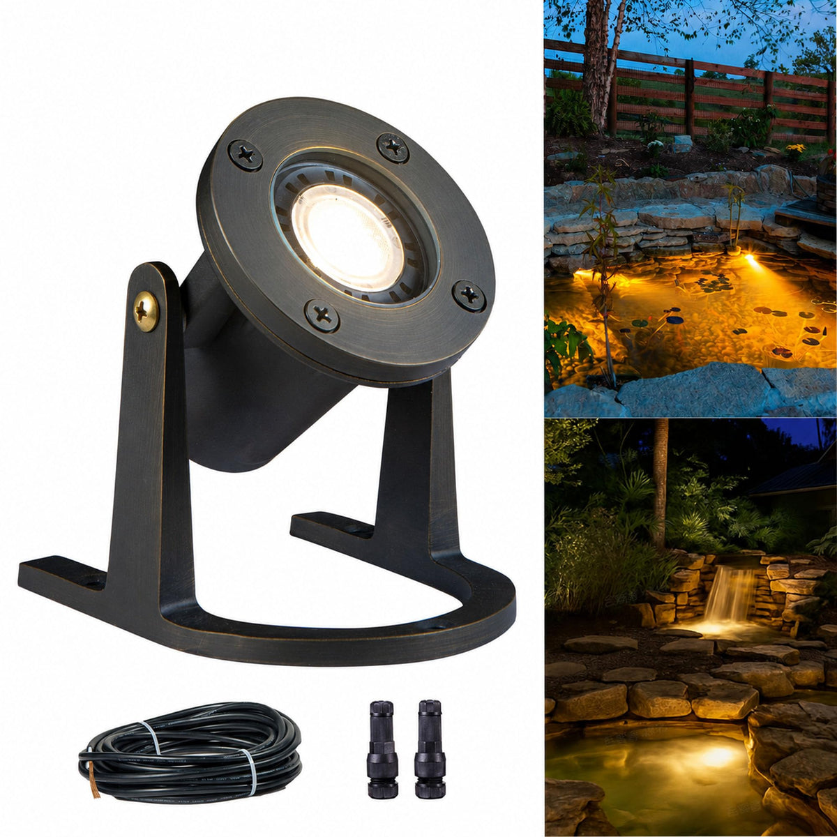 Gardenreet brass pond light front view showing durable housing and reliable illumination