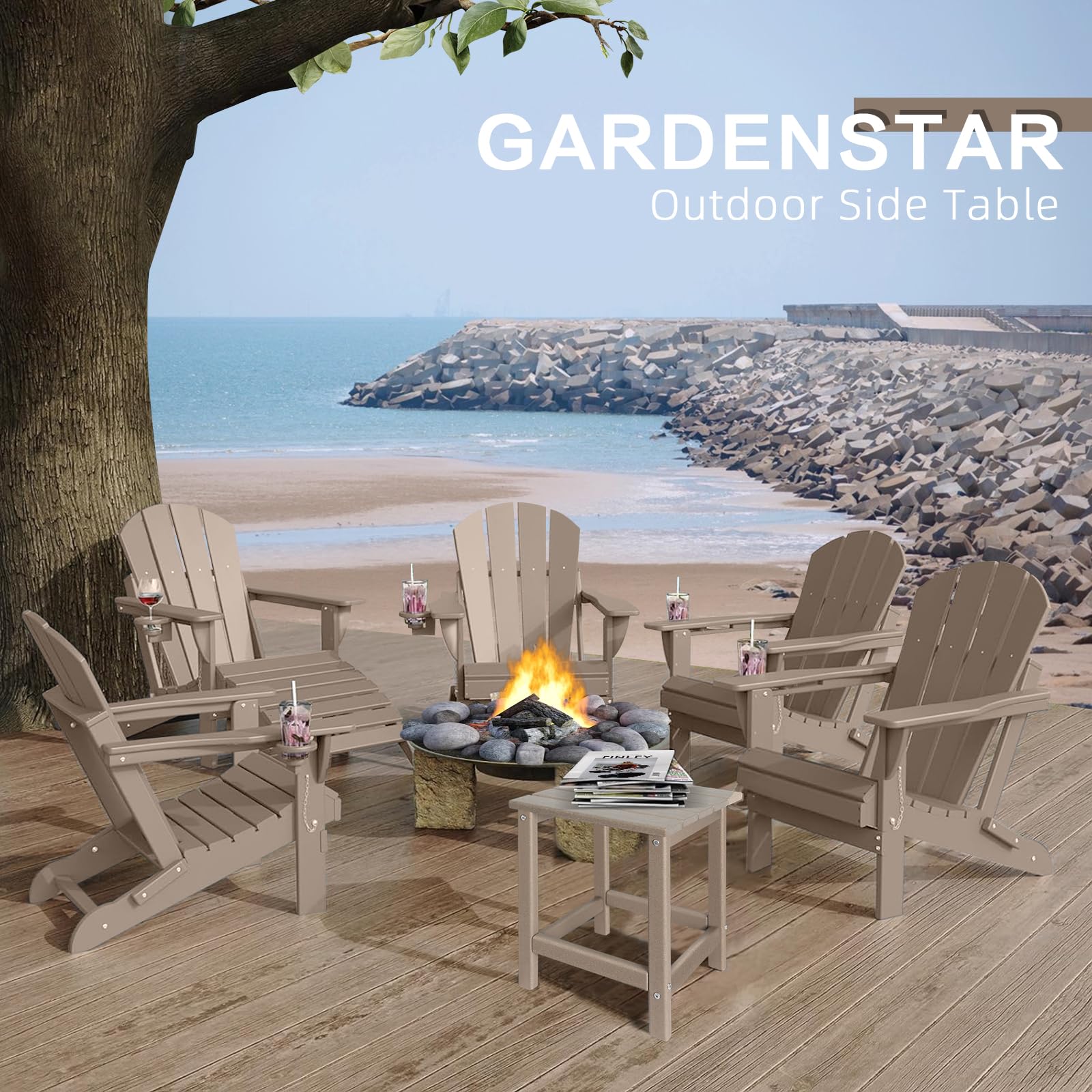 GARDENSTAR table beside Adirondack chair showing compact scale and fit