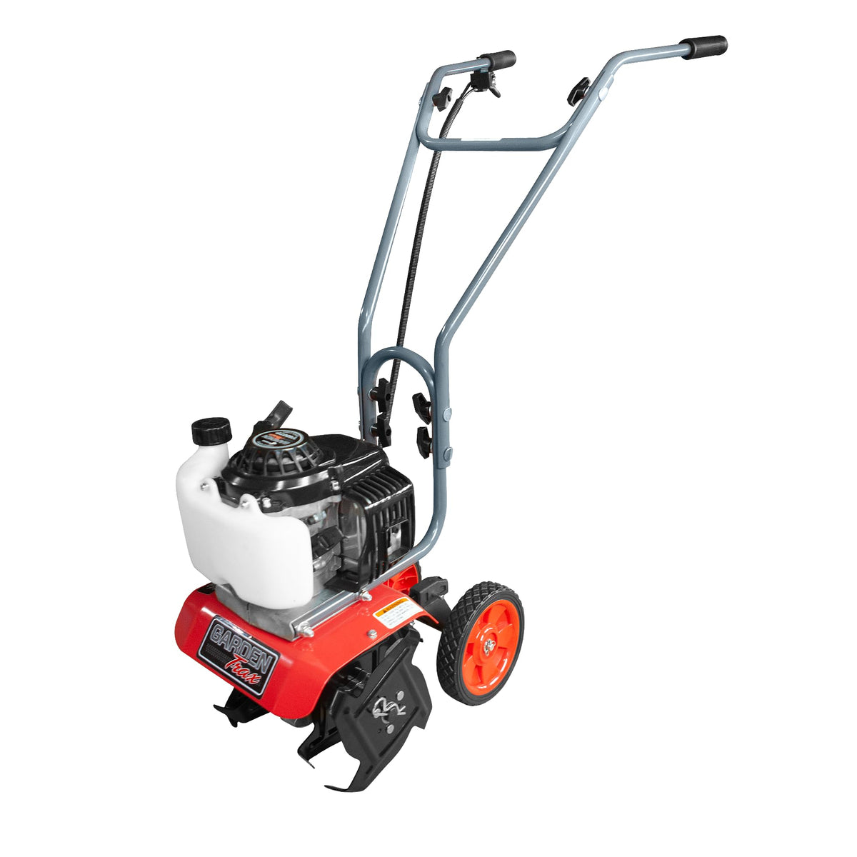 GardenTrax front view showing compact frame and quick-start control benefit