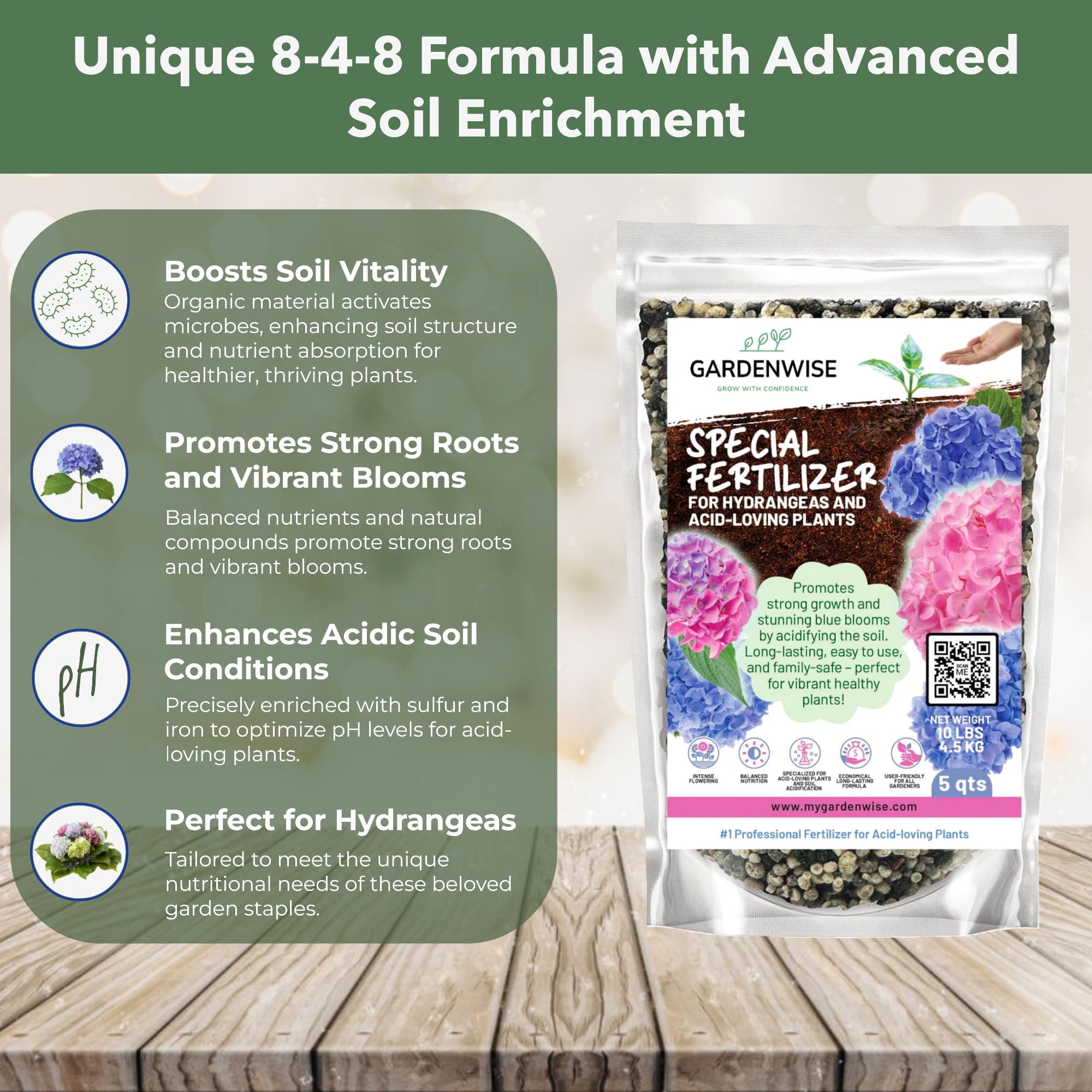 GARDENWISE etiqueta legible con instrucciones y nutrientes clave