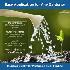 GARDENWISE powder dissolving in clear water for instant liquid plant food