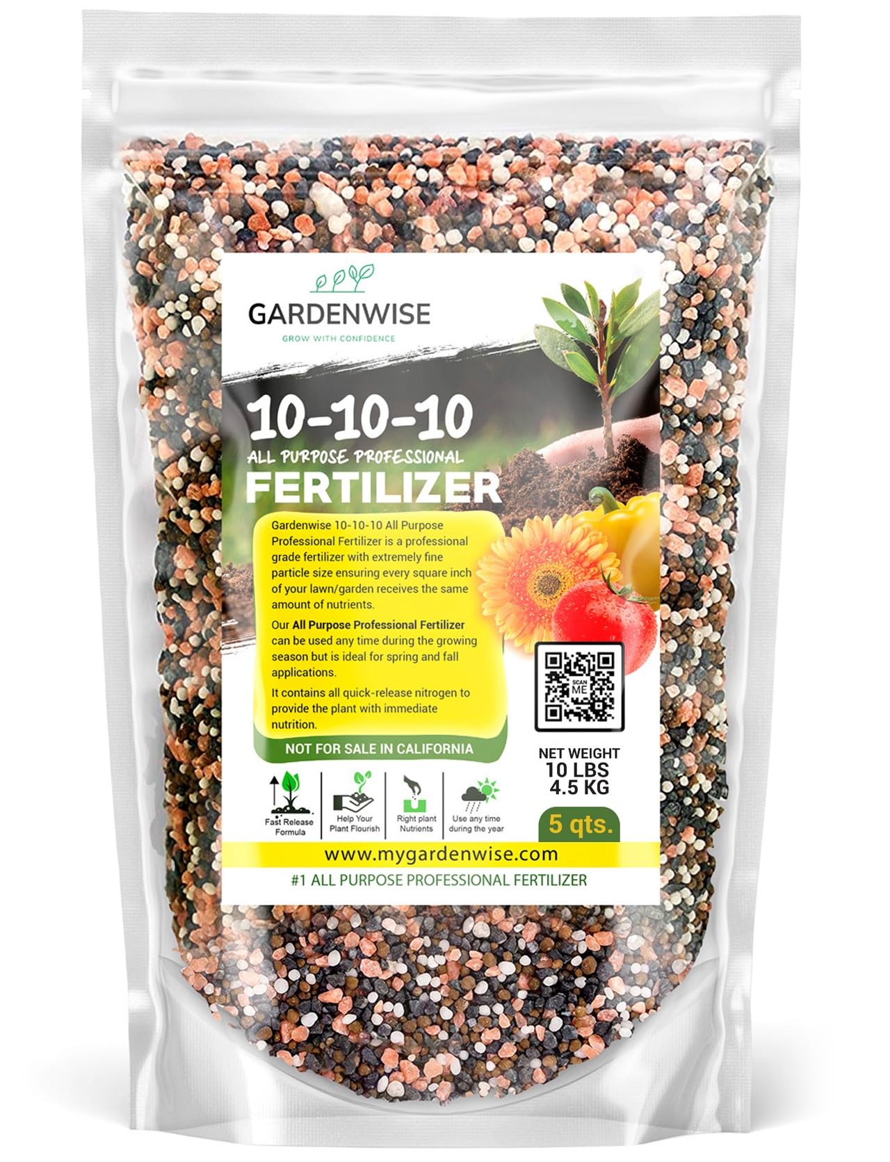 GARDENWISE front packaging showing 5 quart bag and usage benefit