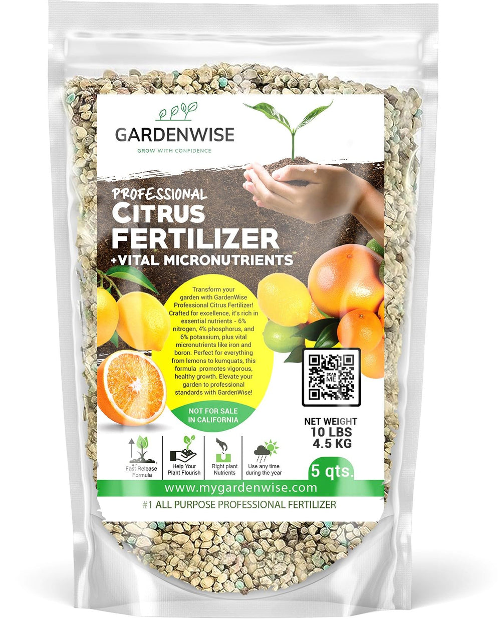 GARDENWISE front packaging showing 5-quart container and balanced NPK benefits