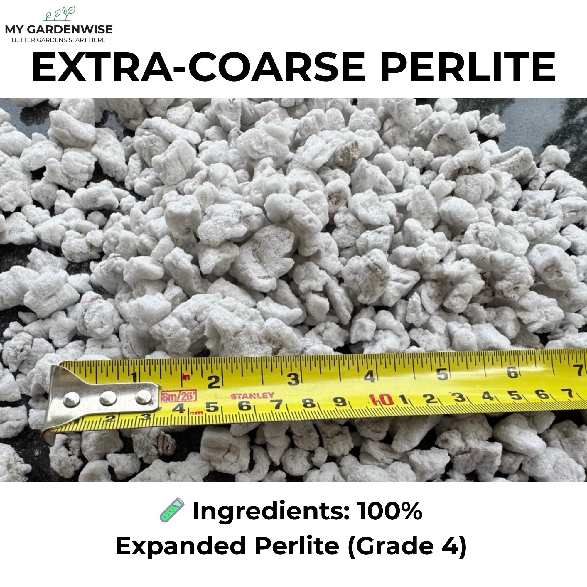 GARDENWISE perlite next to ruler showing particle size for precise mix planning