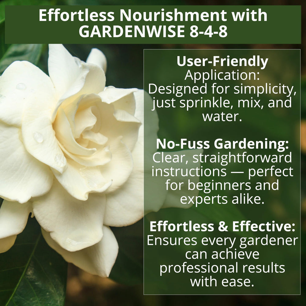GARDENWISE primer plano de la etiqueta con nutrientes y recomendaciones