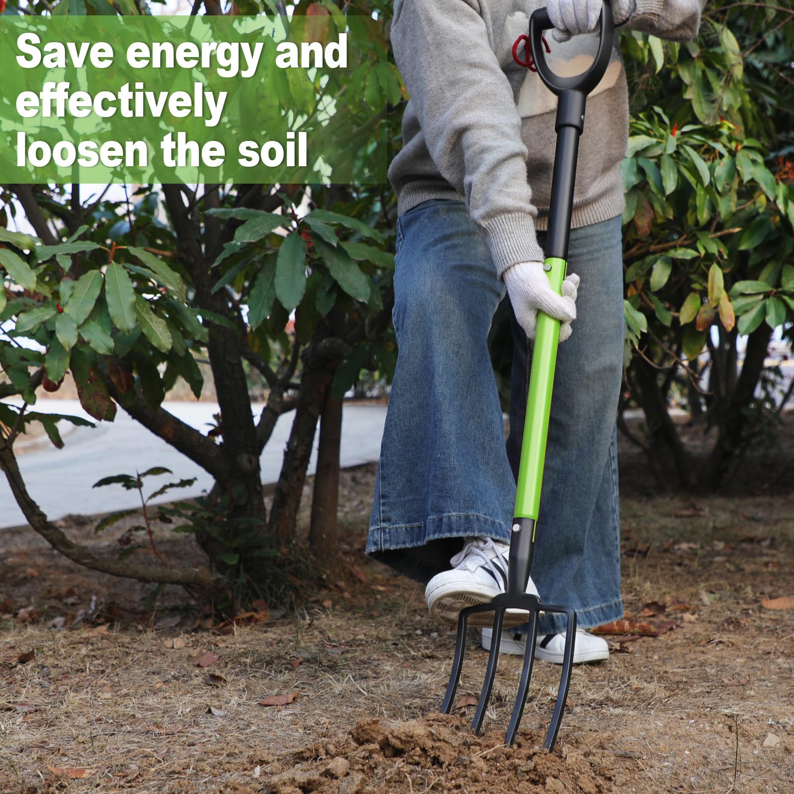 GARDENWORK fork beside ruler showing 45-inch length for reduced bending benefit