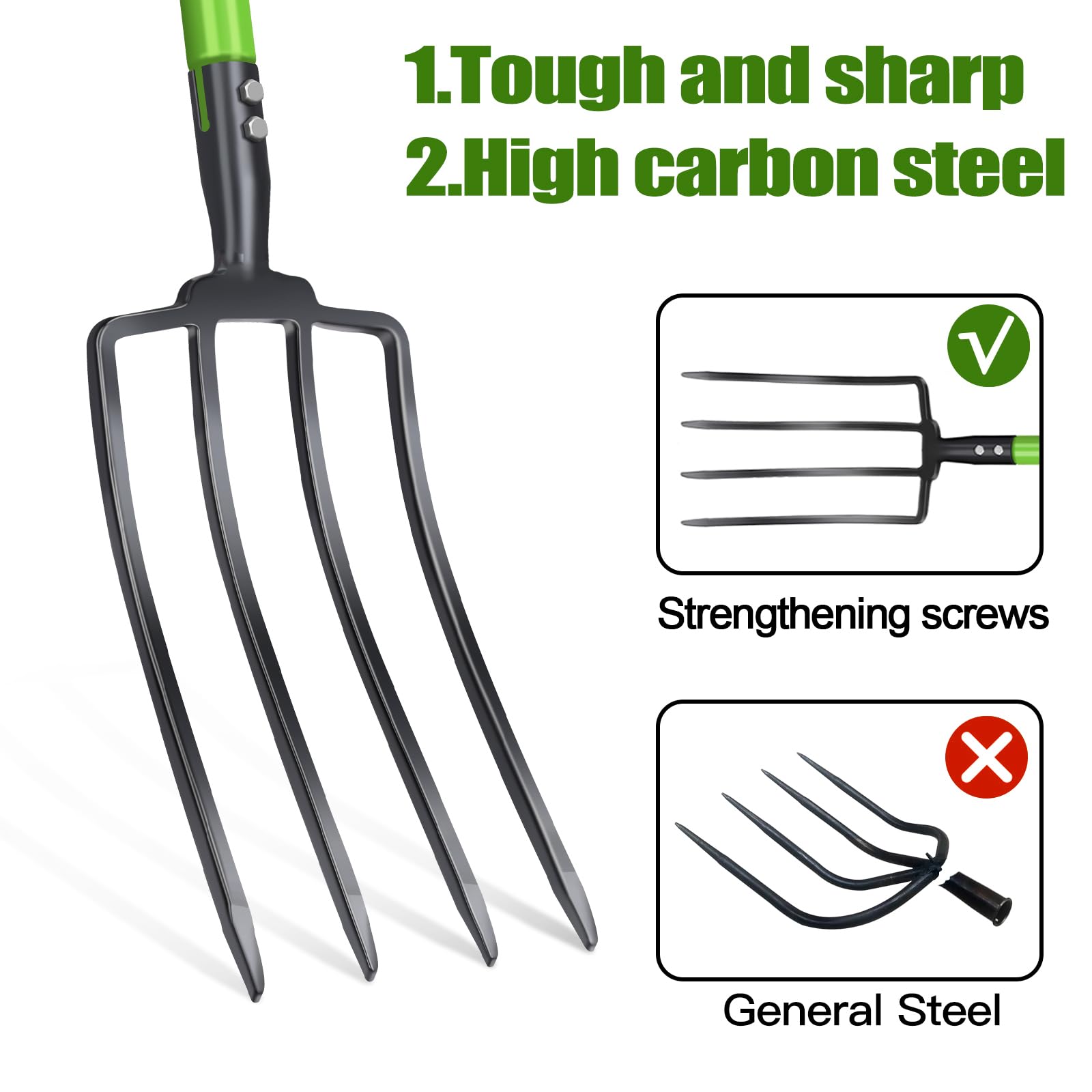 GARDENWORK close-up of hot-rolled steel tines showing rust-resistant PTFE benefit