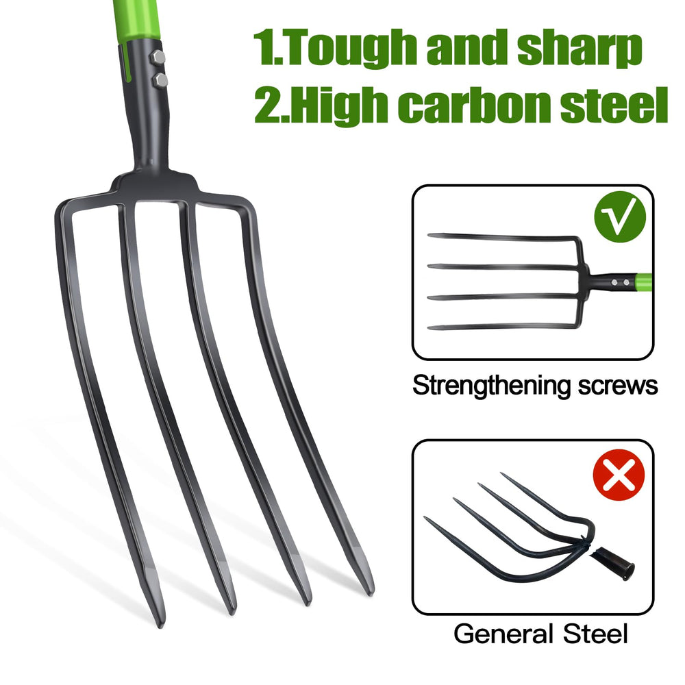 GARDENWORK close-up of hot-rolled steel tines showing rust-resistant PTFE benefit