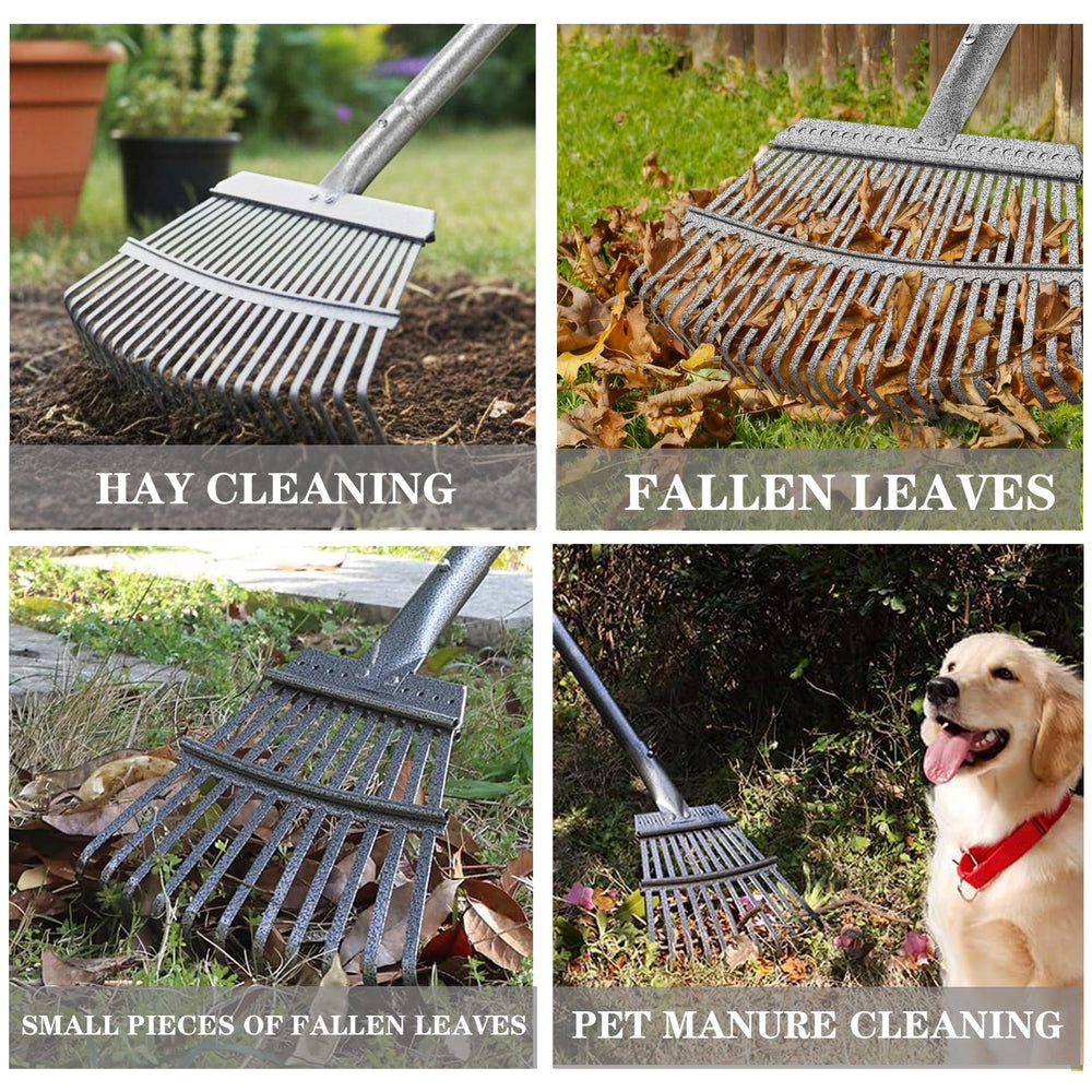 GARDENWORK rake next to a person showing full-length reach and scale benefits