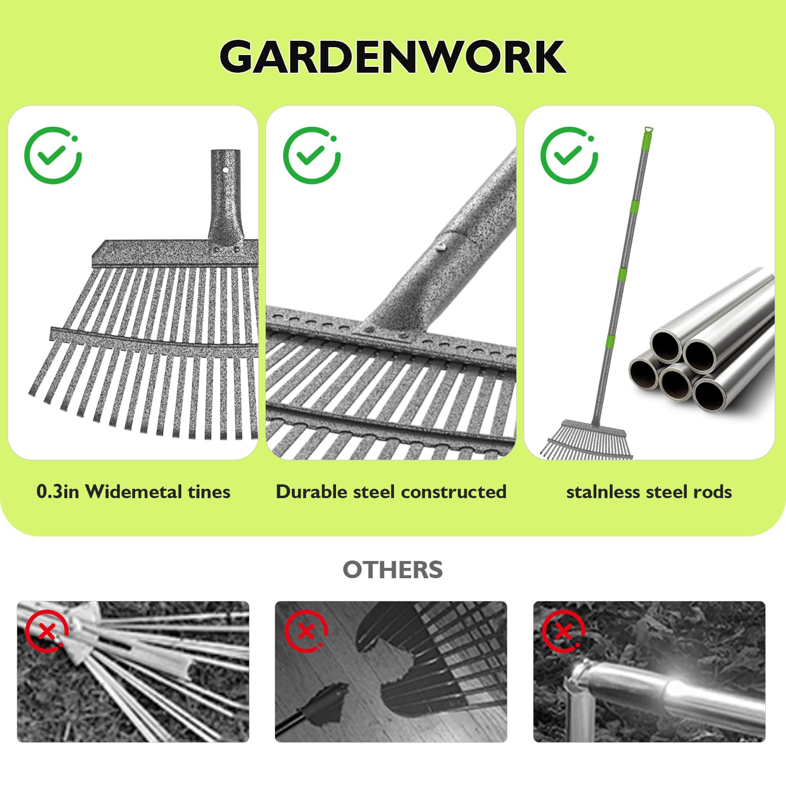 GARDENWORK small rake head detail demonstrating narrow reach for tight spaces