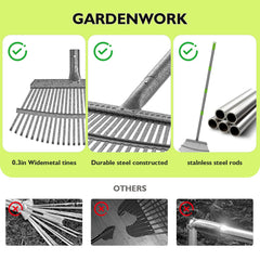 GARDENWORK small rake head detail demonstrating narrow reach for tight spaces