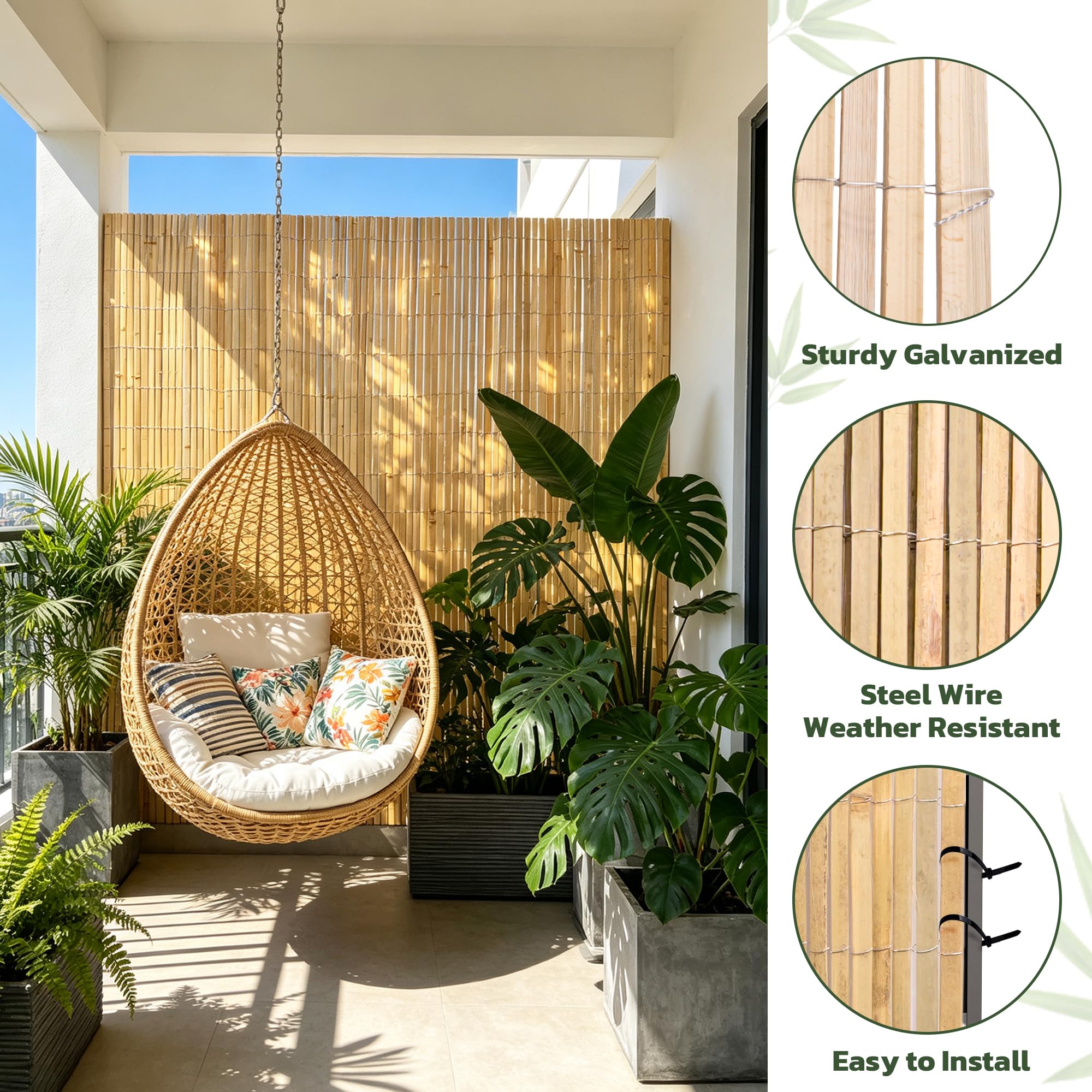 Gardgue bamboo panel installed on patio adding privacy and warm ambiance