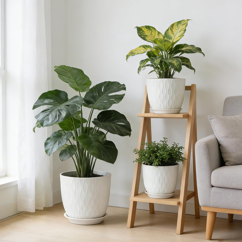 GARDIFE balcony display with white pots creating cohesive plant styling