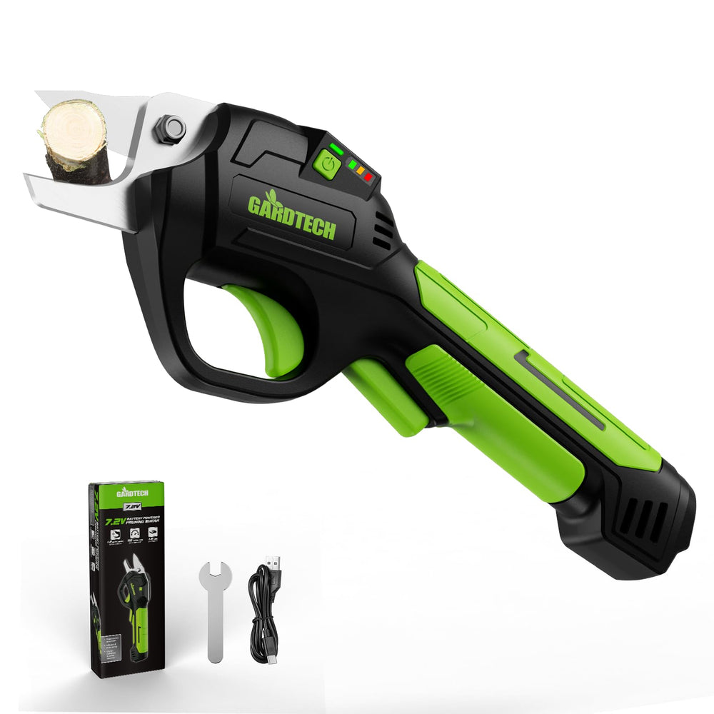 Gardtech front view of cordless pruner showing compact design and benefits