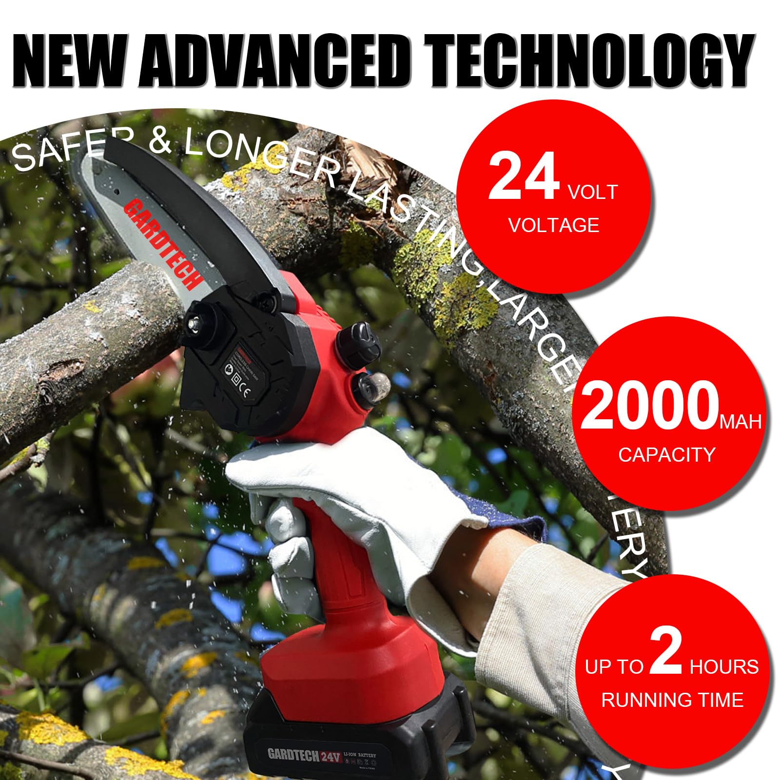 Gardtech two 24V batteries and four chains displayed for extended runtime
