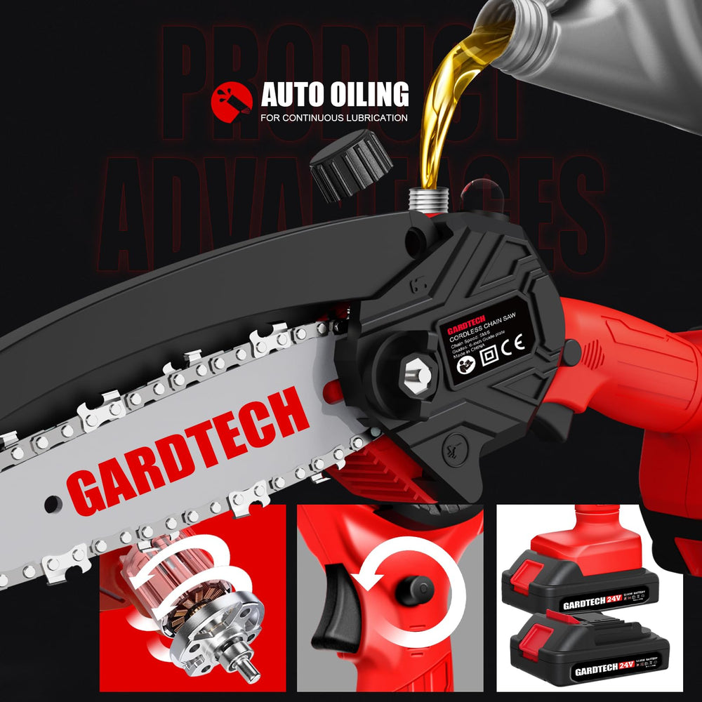 Gardtech chain close-up showing sharpened guide chain for faster cutting