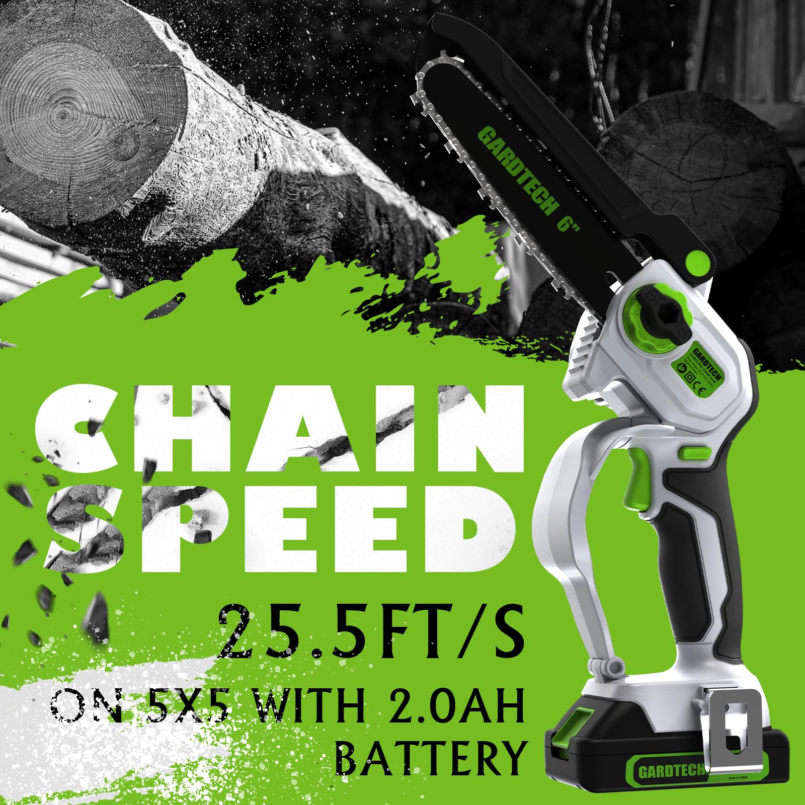 Gardtech closeup chain detail highlighting sharp teeth and efficient cutting benefit