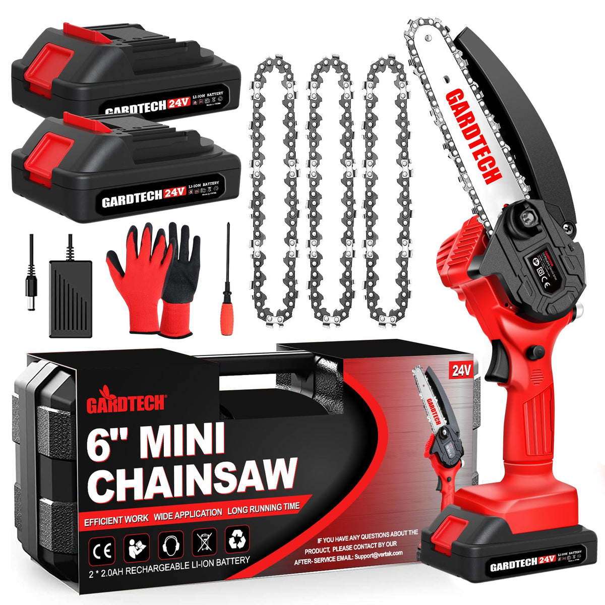 Gardtech mini chainsaw front view showing compact design and easy handling