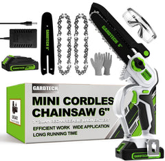 Gardtech mini chainsaw front view showing compact design and portability benefit