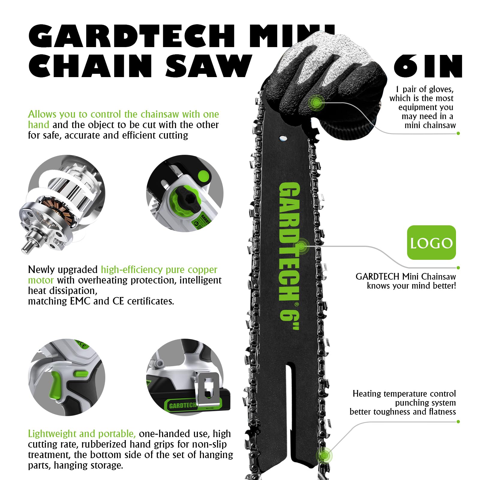 Gardtech mini chainsaw in hand demonstrating scale and easy one-handed use benefit