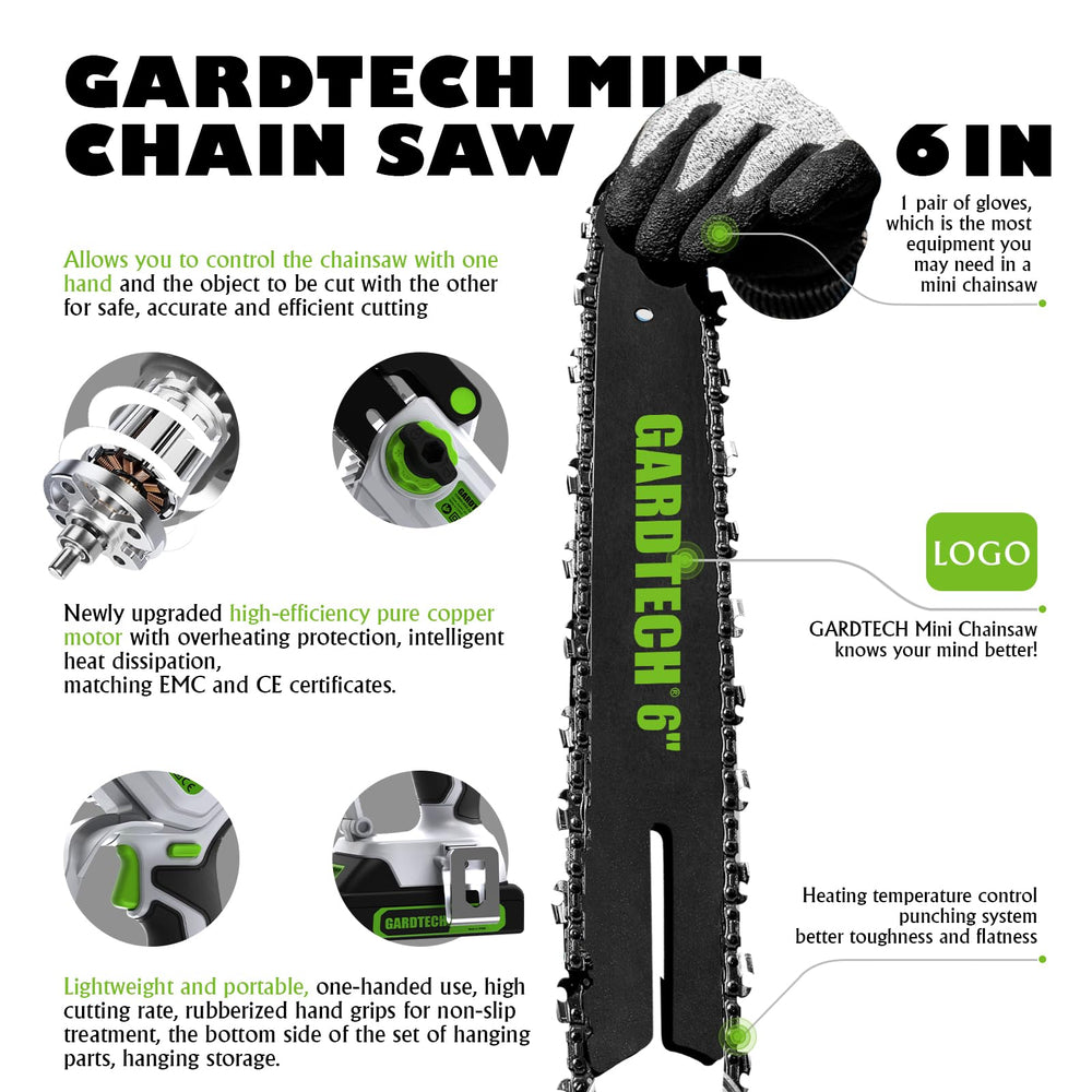 Gardtech mini chainsaw in hand demonstrating scale and easy one-handed use benefit
