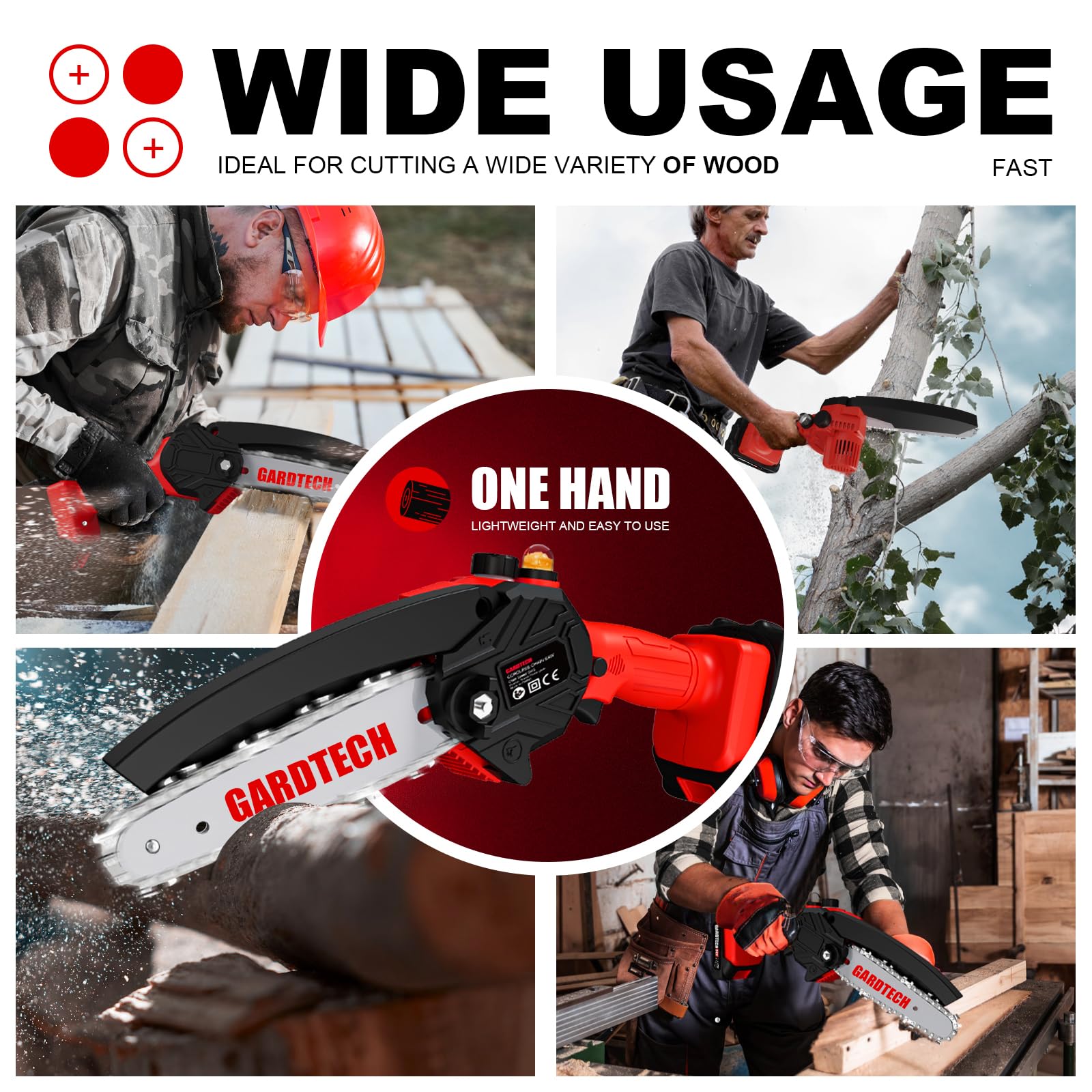 Gardtech saw cutting a limb demonstrating cordless convenience and speed