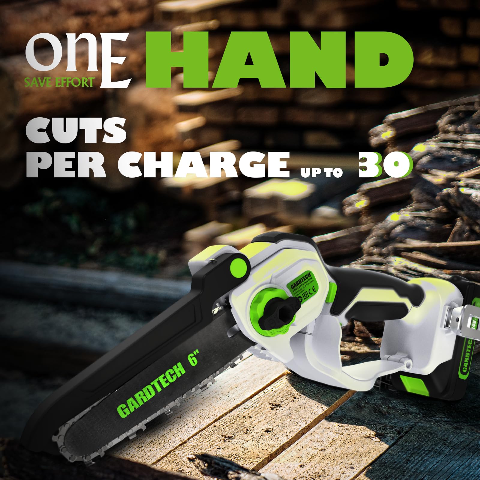 Gardtech mini chainsaw side profile showing ergonomic grip for comfortable control