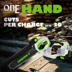 Gardtech mini chainsaw side profile showing ergonomic grip for comfortable control
