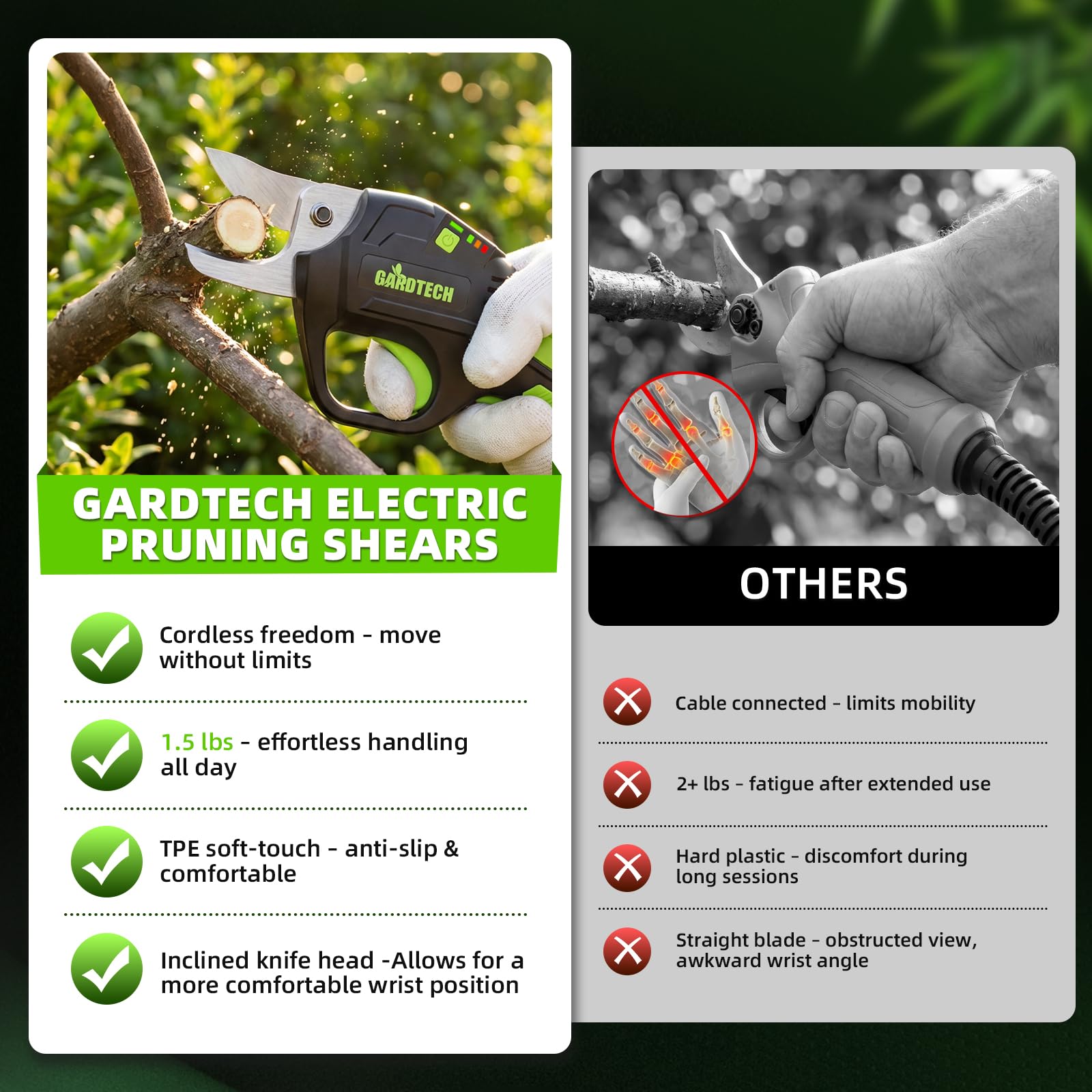 Gardtech pruner held in hand showing 1.5 lb lightweight scale advantage