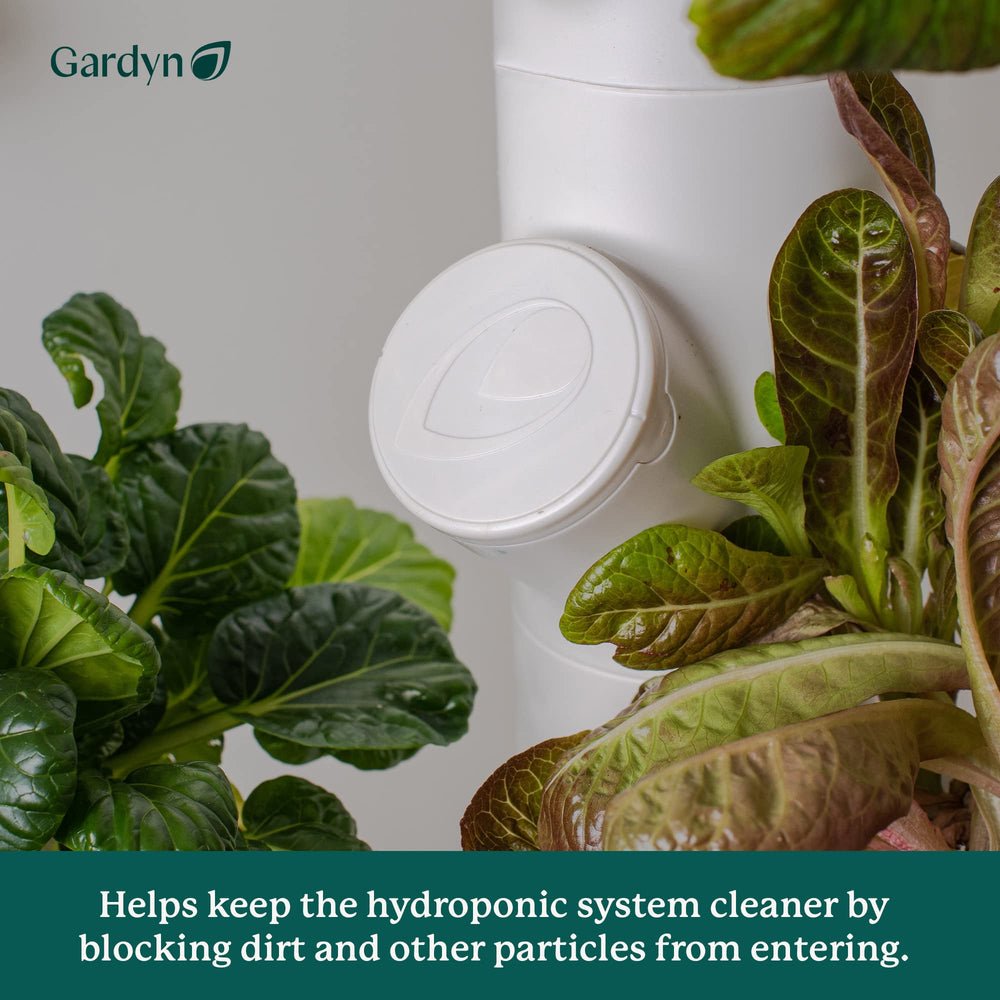 GARDYN pod caps installed on hydroponic system demonstrating tidy wells and reduced evaporation benefit